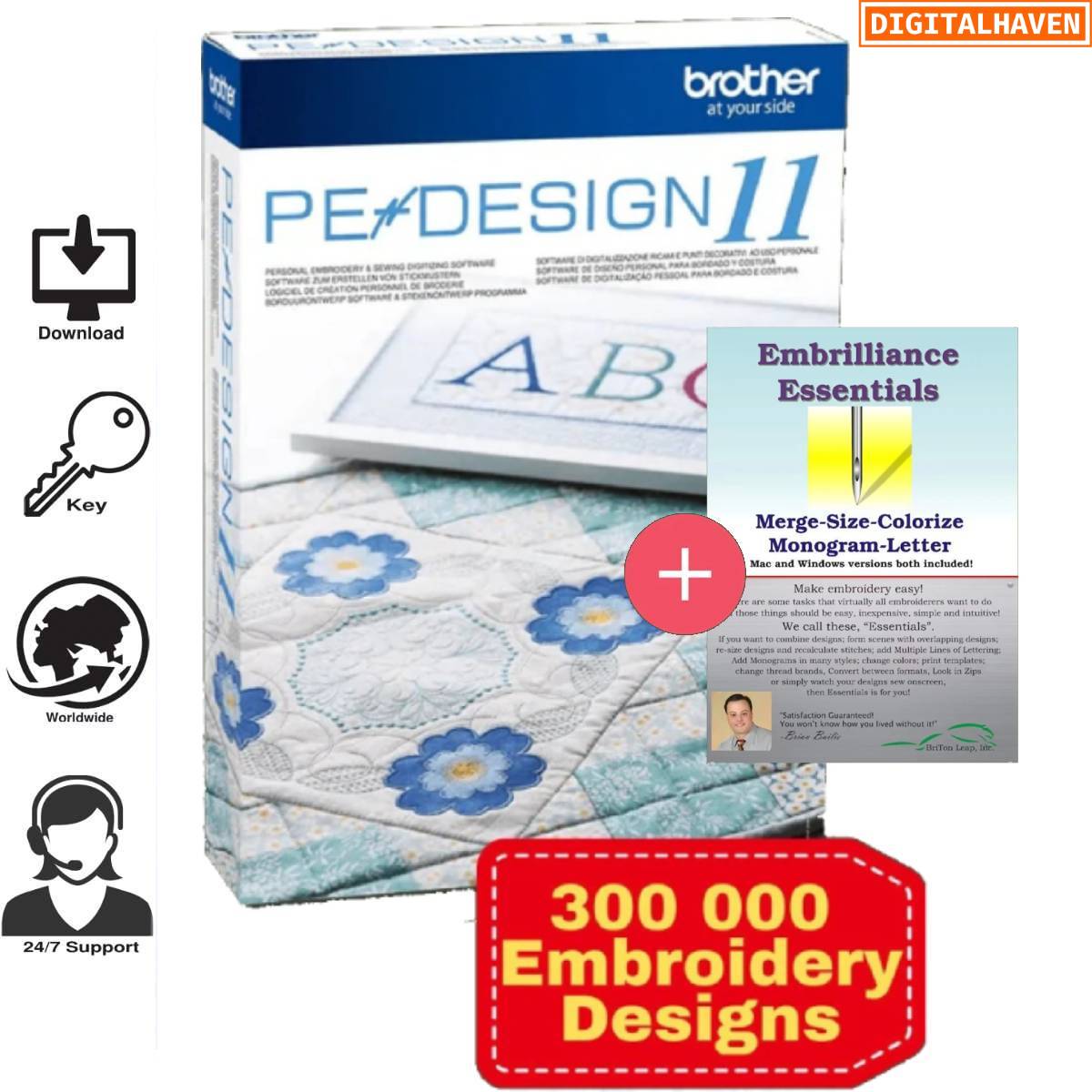 Brother PE DESIGN 11 + Embrilliance essentials + 300k Embroidery designs